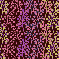 Abstract elegant seamless pattern of lined botanical floral motifs of plants and leaves