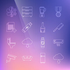 Fototapeta na wymiar Set line Cloud upload, Air conditioner, Meat chopper, Blender, USB flash drive, Add new file, and Paint brush icon. Vector