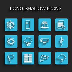 Set line Flag, Server, Data, Web Hosting, Sun and snowflake, Security camera, Cloud download, with rain, USB and Air conditioner icon. Vector