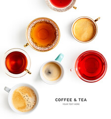 Herbal, black, fruit tea in teacup and cups of coffee.