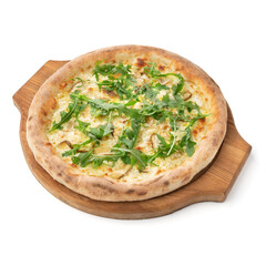 Pizza with arugula and cheese mozzarella. Tasty hot pizza on wooden dish or tray for design menu and promotional