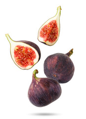 Figs falling whole and half on a white background. Isolated