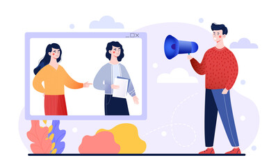 Male character is speaking into a megaphone for people online on white background. Concept of refering a friend loyalty program, online promotion method. Flat cartoon vector illustration
