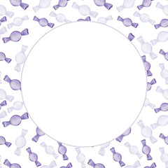 Frame from watercolor illustration hand painted purple lollipop candy, tasty sweets for children isolated on white. Blank card template for party, birthday invitations and greetings, postcards