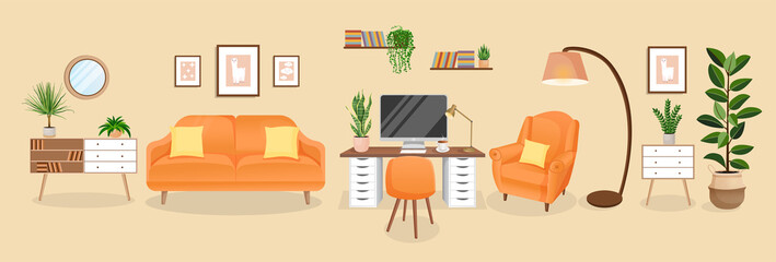 Design of a cozy room for working from home. Office with computer, workplace room, cabinet. Modern living room interior with furniture and house plants. Vector flat style illustration.