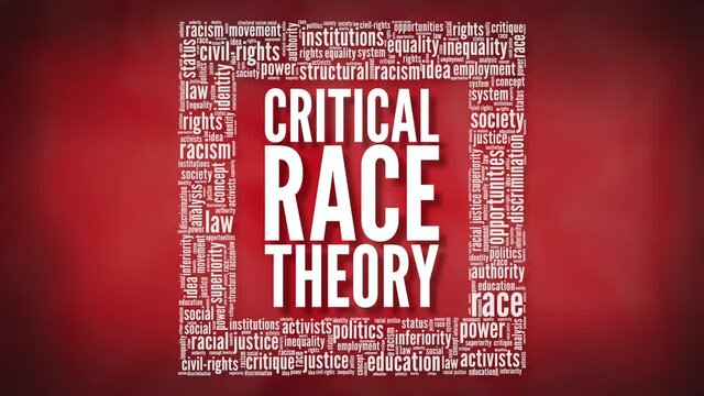 Critical Race Theory typography animation with a word cloud. Text with shadows over moving red background.	
