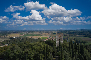 Fototapeta na wymiar Aerial view of the Rocca di Solferino, Mantova. Aerial panorama of Solferino, Mantova, Italy. Aerial view of the Museum of Resurgence. Historic Italian town on the hill, Solferino, Mantova, Italy.