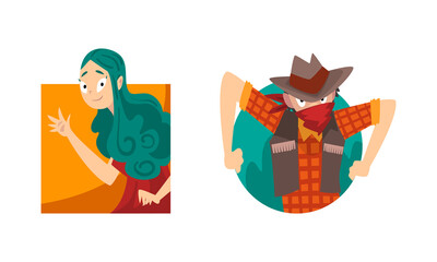 Cowboy and Girl Looking Out from Geometric Shape Vector Set