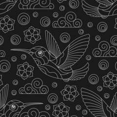 Fototapeta premium Seamless pattern with a light contour Hummingbird birds, clouds and flowers, outline birds on a dark background