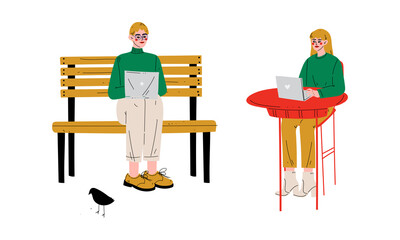 Young Man and Woman Freelancer with Laptop Sitting on Bench in the Park and at Table Working from Home Vector Set