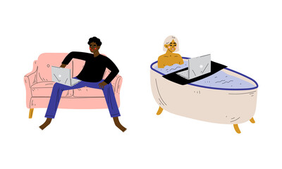 Young Man and Woman Freelancer with Laptop Sitting on Sofa and in Bathtub Working from Home Vector Set