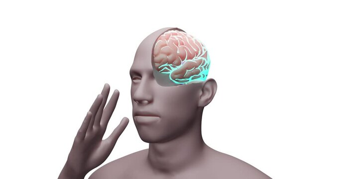 3D stylized animation render a man holding his hand near his temple, the brain pulsates with red light.  Incision of the head, inside the skull. Pain, stroke, cancer, X-ray, diagnosis telepathy medium
