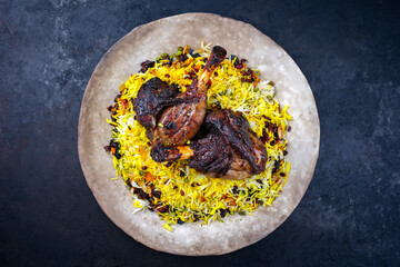 Traditional Persian tahdig jeweled javaher polow bride basmati rice with slow cooked lamb shank...