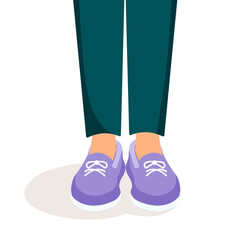 Man legs in sneakers and pants on an isolated background. Vector illustration of bright shoes. Flat design. Purple Sneakers.