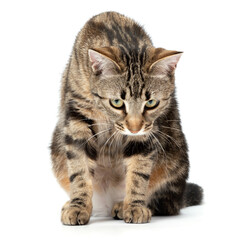 Playful cat sitting tabby and funny isolated on white background.