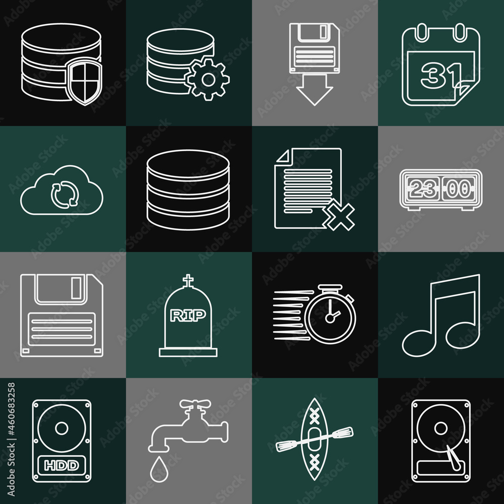 Poster set line hard disk drive hdd, music note, tone, retro flip clock, floppy backup, database, cloud syn