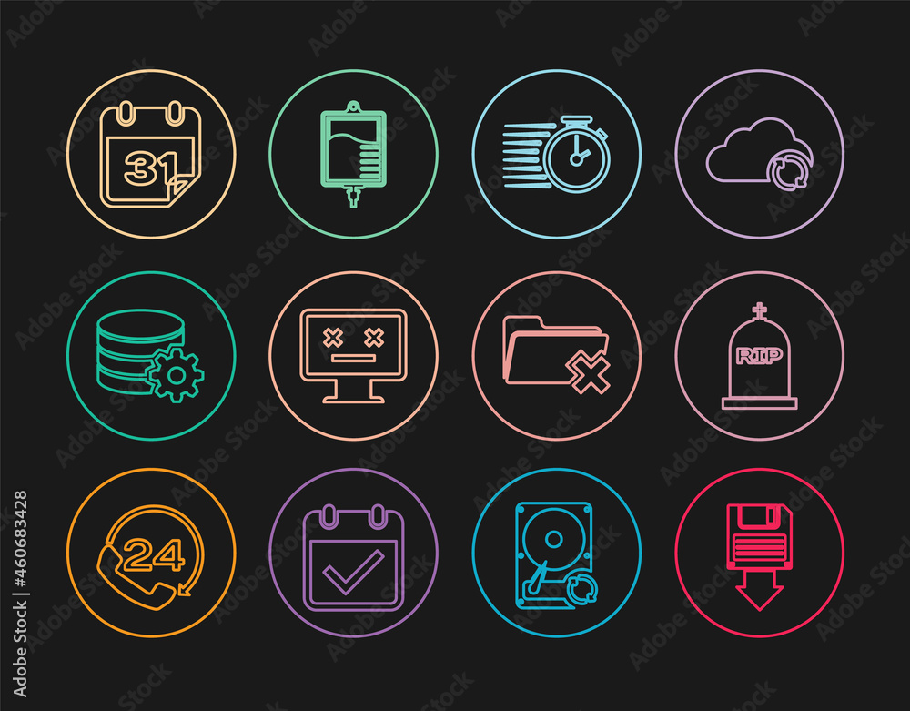 Poster set line floppy disk backup, tombstone with rip written, stopwatch, dead monitor, setting database s