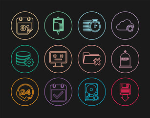 Set line Floppy disk backup, Tombstone with RIP written, Stopwatch, Dead monitor, Setting database server, Calendar, Delete folder and IV bag icon. Vector