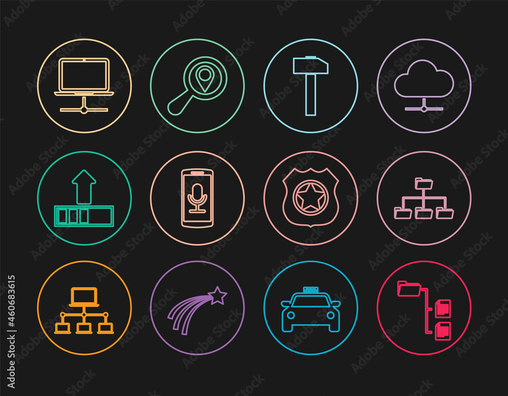 Poster set line folder tree, hammer, mobile recording, loading, computer network, police badge and search l