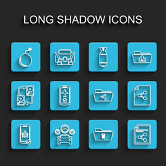 Set line Flight mode in the mobile, Car sharing, Bomb ready to explode, Delete folder, Share file, and icon. Vector
