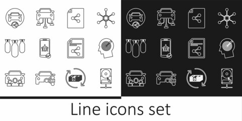 Set line Hard disk drive on sharing network, Head hunting concept, Share file, Flight mode the mobile, Aviation bombs, Car, and icon. Vector