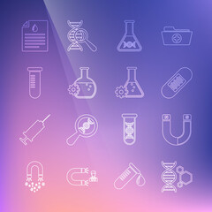 Set line Genetic engineering, Magnet, Bandage plaster, DNA research, search, Bioengineering, Test tube or flask, Clipboard with blood test and icon. Vector