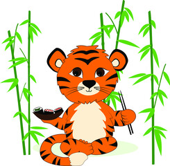 Naklejka na ściany i meble Cartoon tiger sitting and holding a plate of sushi and sushi chopsticks on a bamboo background. Vector image.