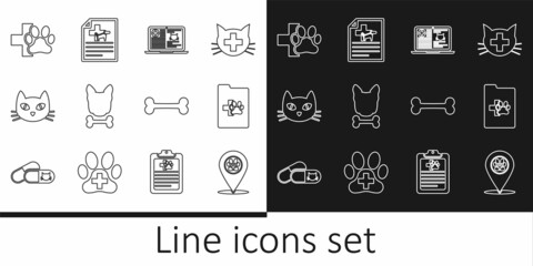 Set line Location veterinary, Clinical record pet, laptop, Dog and bone, Cat, Veterinary clinic, and Medical certificate for dog icon. Vector