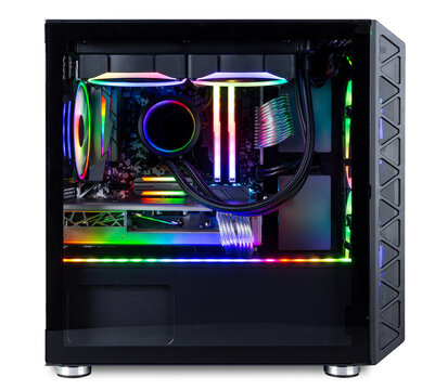 black custom gaming pc computer with glass windows and colorful bright rgb rainbow led lighting isolated white background