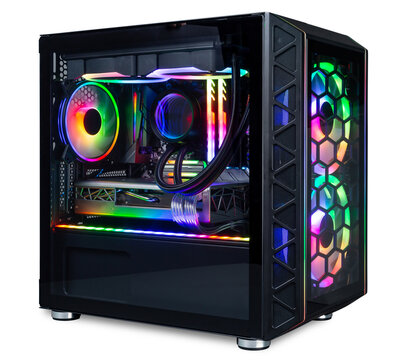 black custom gaming pc computer with glass windows and colorful bright rgb rainbow led lighting isolated white background