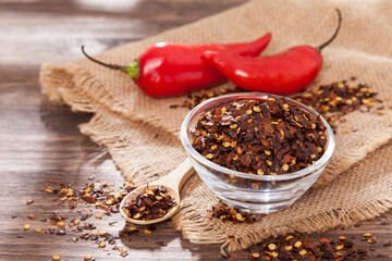 Crushed red cayenne pepper, dried chili and seeds