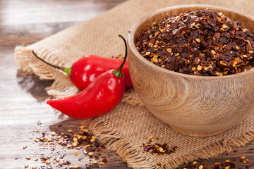 Crushed red cayenne pepper, dried chili and seeds