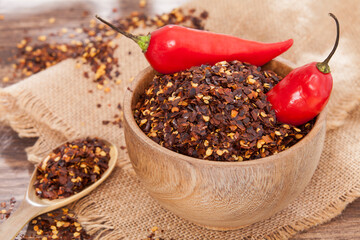 Crushed red cayenne pepper, dried chili and seeds