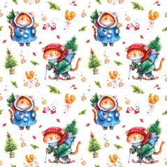 Seamless new year christmas pattern with watercolor   tiger character, cat with gifts and christmas tree, symbol of 2022 

