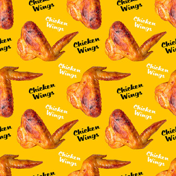 Chicken wings seamless pattern on a yellow background. Beautiful background for design of packaging, textiles, paper packaging with print
