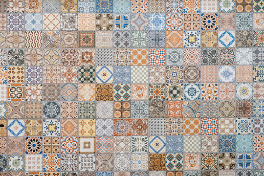 colorful tile pattern, patchwork design of portuguese tiles -