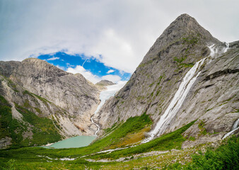 Briksdalbreen glacier and waterfall, Jostedalsbreen National Park, Norway.