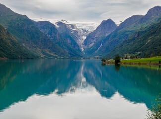 Naklejka na ściany i meble Views of peaks and Oldevatnet lake, Jostedalsbreen National Park, Norway.