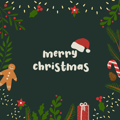 Merry christmas background with winter branches, flowers, berries, gift, lights, gingerbread man. Winter holiday background or frame for card, invitation, flyer, sale banner