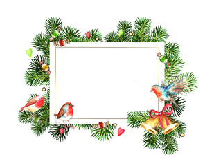 Christmas card template with watercolor spruce branches, bells and birds