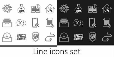Set line Route location, File document service, Interesting facts, Question and Exclamation, Drawer with documents, Bacteria, Mobile and Test tube virus icon. Vector