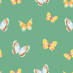 seamless pattern of beautiful butterflies illustration on greenbackground