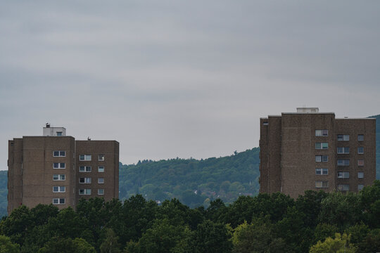 two high-rise developments with a forest in the background and trees in the foreground 