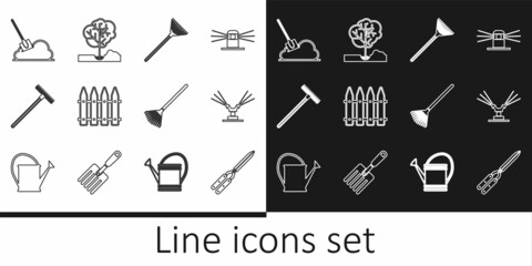 Set line Gardening handmade scissor, Automatic irrigation sprinklers, rake for leaves, fence, Shovel the ground, and Planting tree icon. Vector