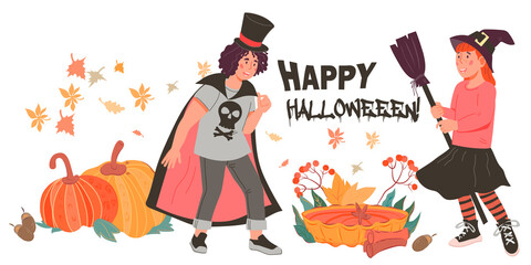Halloween greeting poster, card  or banner backdrop  with children in  costumes  with pumpkins, flat vector illustration. Halloween  party poster or invitation, flyer layout.