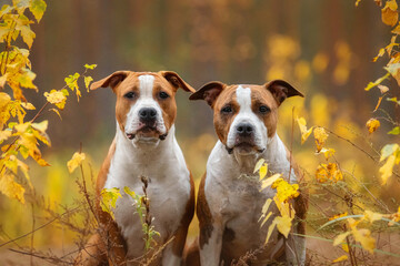 Two american staffordshire terrier dogs in autumn