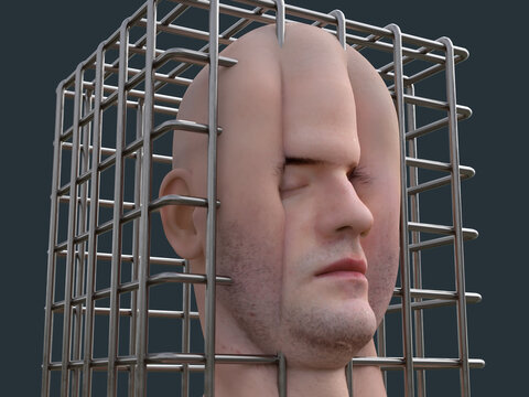 man stuck in a cage