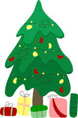christmas tree with toys decorations and gifts in cartoon style