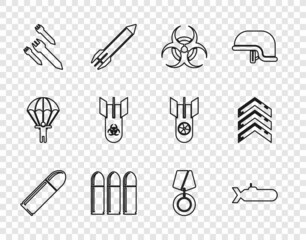 Set line Bullet, Submarine, Biohazard symbol, Rocket, bomb, Military reward medal and rank icon. Vector