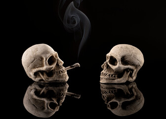Two isolated skulls facing each other while one of them is smoking a cigarette.